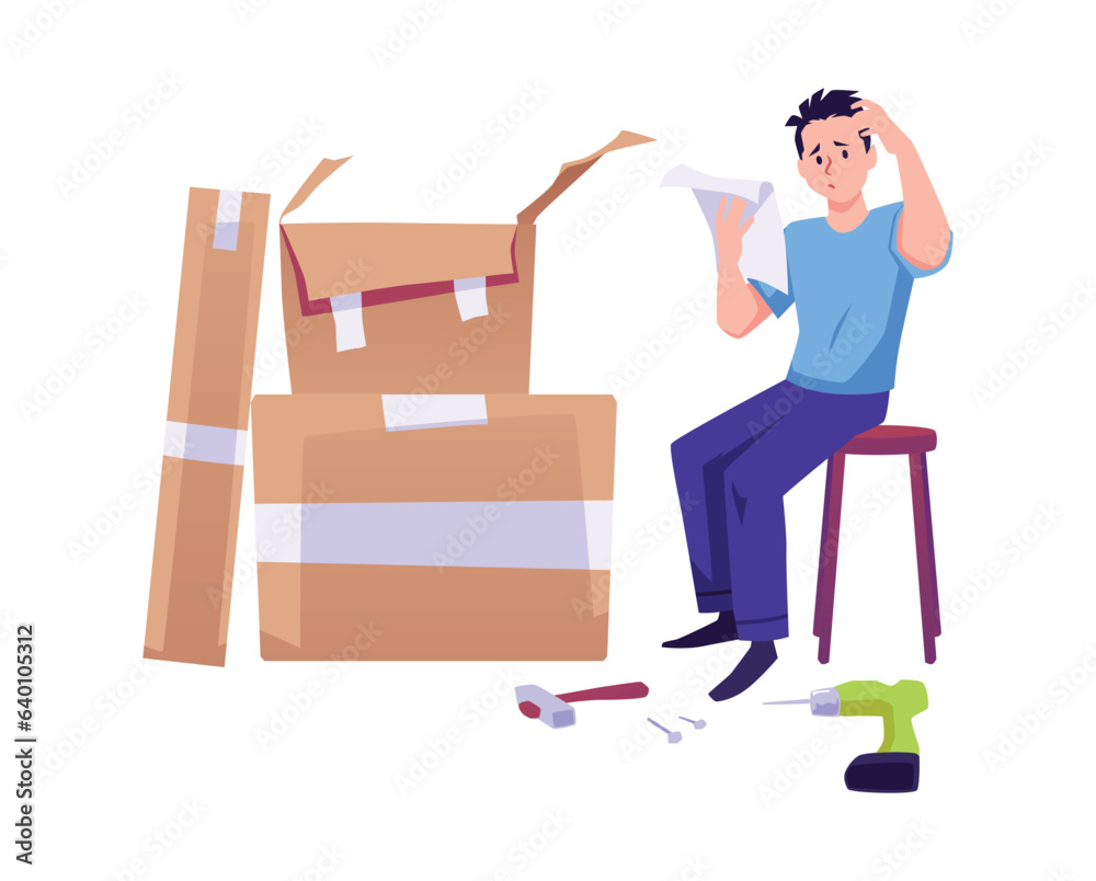 Confused man reads furniture assembly manual, flat vector illustration isolated on white background. Confused man reads furniture assembly manual, flat vector illustration isolated on white background.