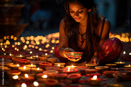 Women celebrate Diwali with lamps lit in the background. AI Generated.