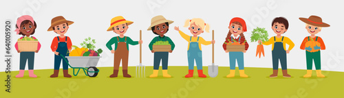 Happy Kids Harvesting Fruits and Vegetables. Farming Children. Summer or Autumn time. Flat Vector illustration