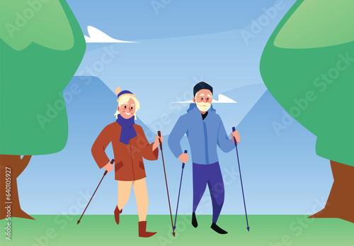 Active couple of pensioners performing nordic walking with sticks in natural landscape, vector healthy outdoor activity