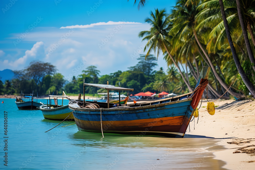 A tranquil row of colorful fishing boats on a Thai beach.
