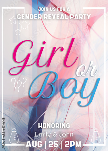 Invitation card for a gender reveal party in blue and pink