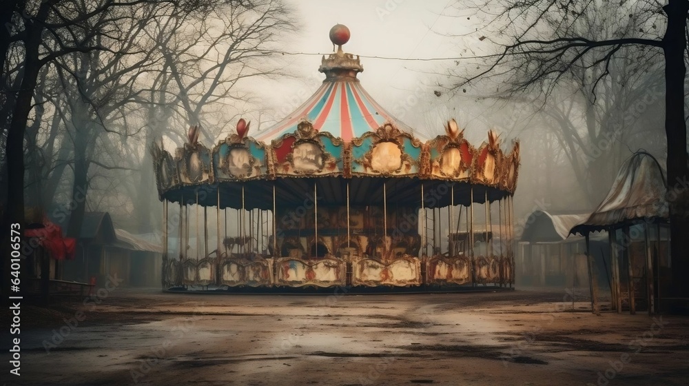 Creepy abandoned carnival with vintage carousel
 - obrazy, fototapety, plakaty 