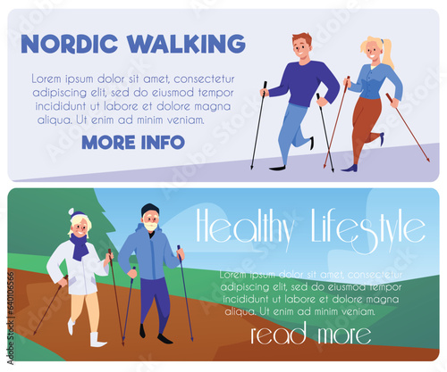 Nordic walking and healthy lifestyle web banners set, flat vector illustration.