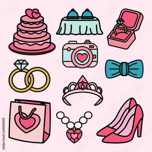 Set of Wedding Objects Cute Flat Line Illustration