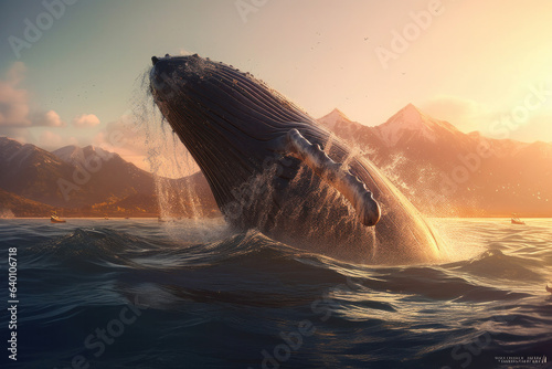 This breathtaking shot captures the power and beauty of a humpback whale breaching out of the ocean, surrounded by the stunning blue water. AI Generative..