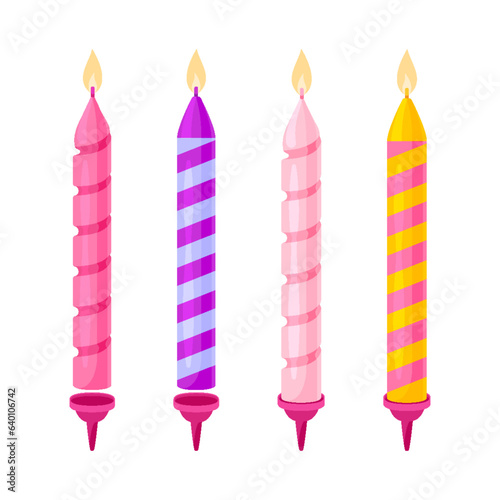 Birthday holiday candle striped twisted flat set. Burn flame wick wax candle cake stand pink purple yellow decorative greeting element cartoon cute party object icon sticker festive isolated