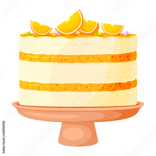 Birthday cake on a stand delicious dessert orange flat. Party baking food tiered pie fruity citrus lemon orange slices candy decorating jelly tart on wooden plate doodle icon delicious sweet isolated