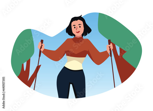 Young woman making nordic walking training, outdoor sport activity, healthy lifestyle vector flat isolated illustration