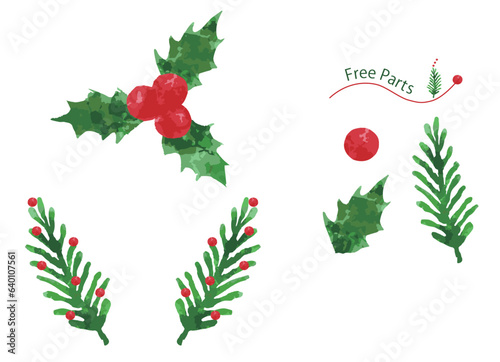 クリスマスの植物、ヒイラギの葉と実、ベクターイラストレーション