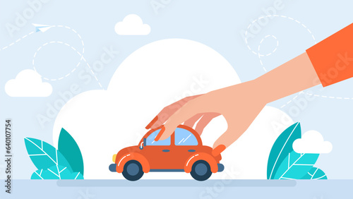 A woman's hand with a red manicure drives a tiny toy car. Female driver. Riding on the machine. The woman rides in the car. Design concept of buy a new auto. Flat style. Vector illustration