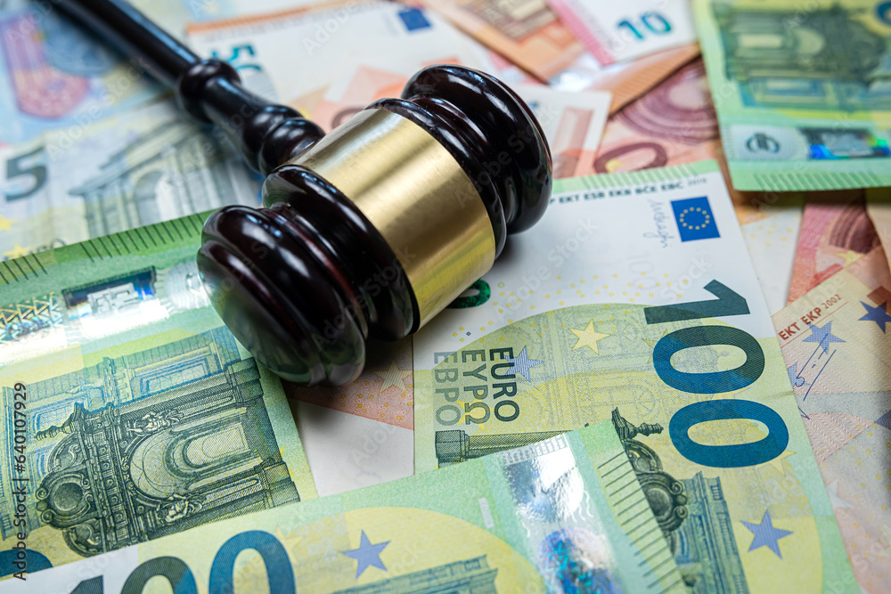 rule of law and auctions with judge's gavel and euro banknotes
