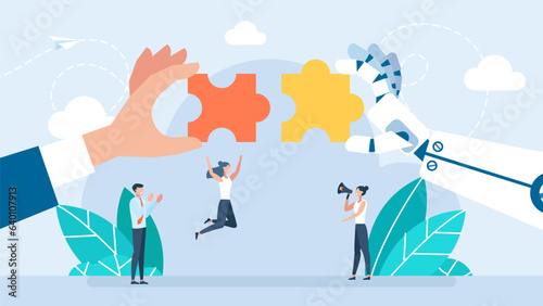 Robot and Businessman Hand holding puzzle. Human and a robot hands holding puzzle pieces. Development and innovation in technology. Partnership with AI concept. Flat style. Vector illustration