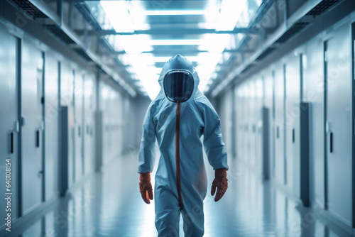 A man in a white protective suit, spacesuit walks along a white corridor