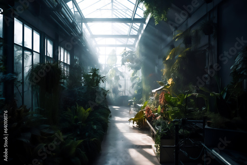 Plants in a greenhouse, flowers and trees