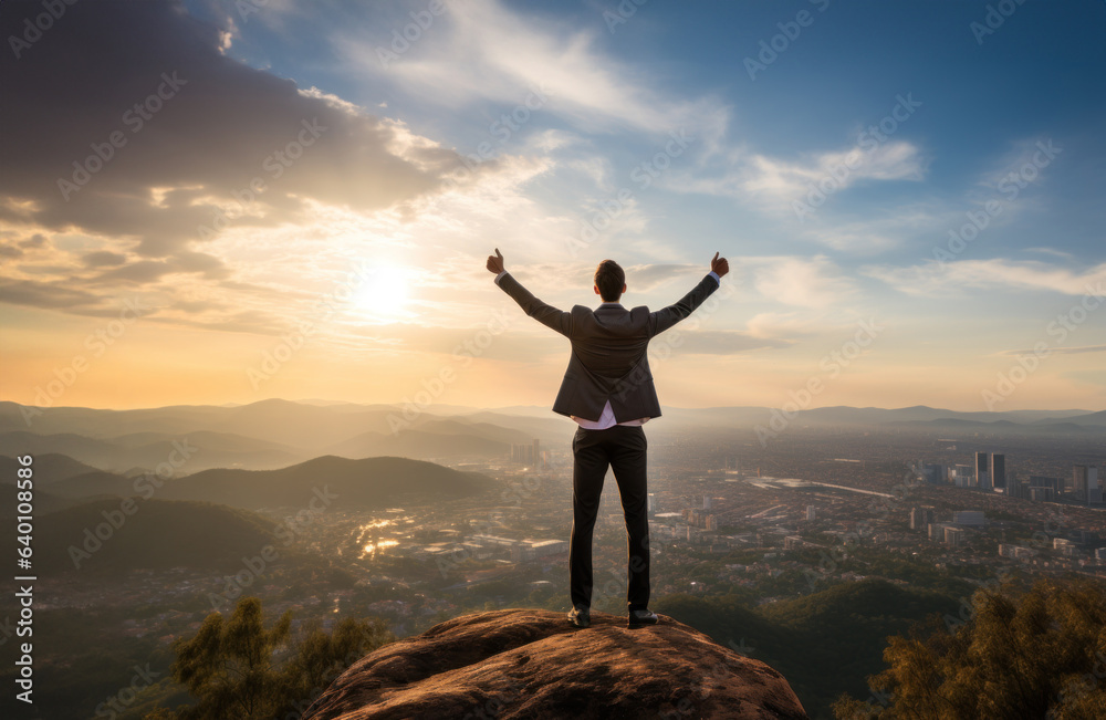 businessman raising his arms of success on the top of the mountain businessman raising his arms of success on the top of the mountain
