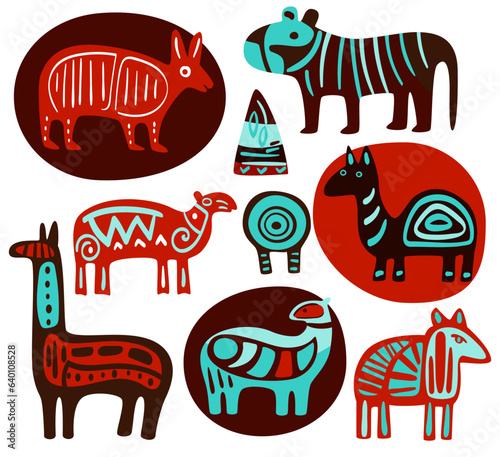 Set of ethnic animalistic ornaments. African tribal motifs with silhouettes of wild animals - llama, armadillo, antelope, tiger, giraffe.  Vector illustration EPS8