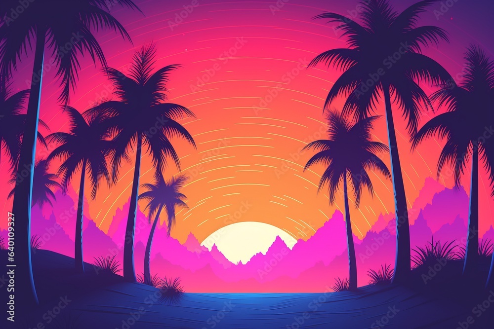 Vector retro wave sunset in low poly style illustration. Retro 80s synthwave styled 3D landscape with perspective laser grid, palm trees and sun
