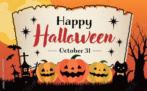 コピースペースのあるおしゃれ手描き風パンプキンと満月の夜のかぼちゃハロウィンベクターフレーム素材_オレンジ