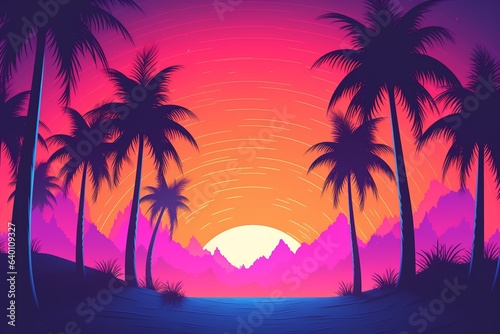 Vector retro wave sunset in low poly style illustration. Retro 80s synthwave styled 3D landscape with perspective laser grid  palm trees and sun