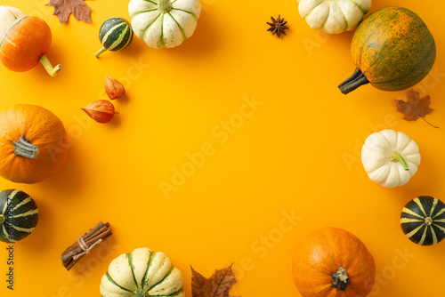 Harvest charm arrangement: Top view shot revealing pumpkins and pattipans, adorned with maple leaves, anise, cinnamon sticks. Physalis flowers embellish orange context, leaving space for text or ads
