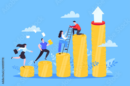 Business mentor helps improve career and money stacks growing. He holds stairs steps vector illustration. Mentorship, upskills, climb help self development strategy flat style design business concept.