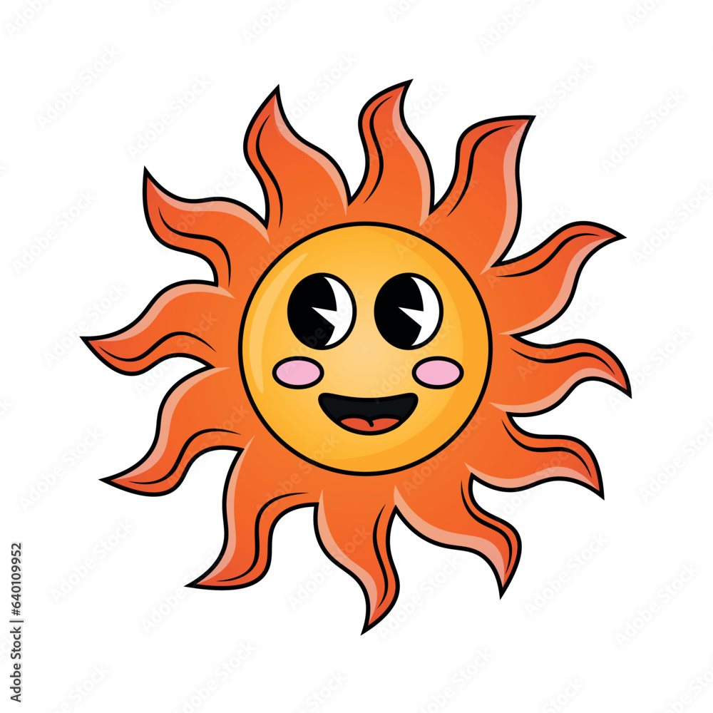 Funny groovy retro clipart sun. The character of the sun in the cartoon style of the 70s. Vector illustration isolated on white background Funny groovy retro clipart sun. The character of the sun in the cartoon style of the 70s. Vector illustration isolated on white background