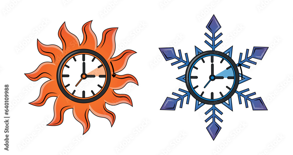 Icons clock transition to winter and summer time with sun and snowflake. Vector illustration isolated on white background Icons clock transition to winter and summer time with sun and snowflake. Vector illustration isolated on white background