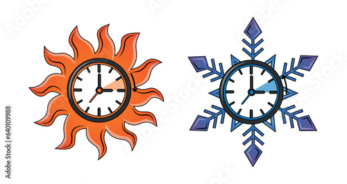 Icons clock transition to winter and summer time with sun and snowflake. Vector illustration isolated on white background