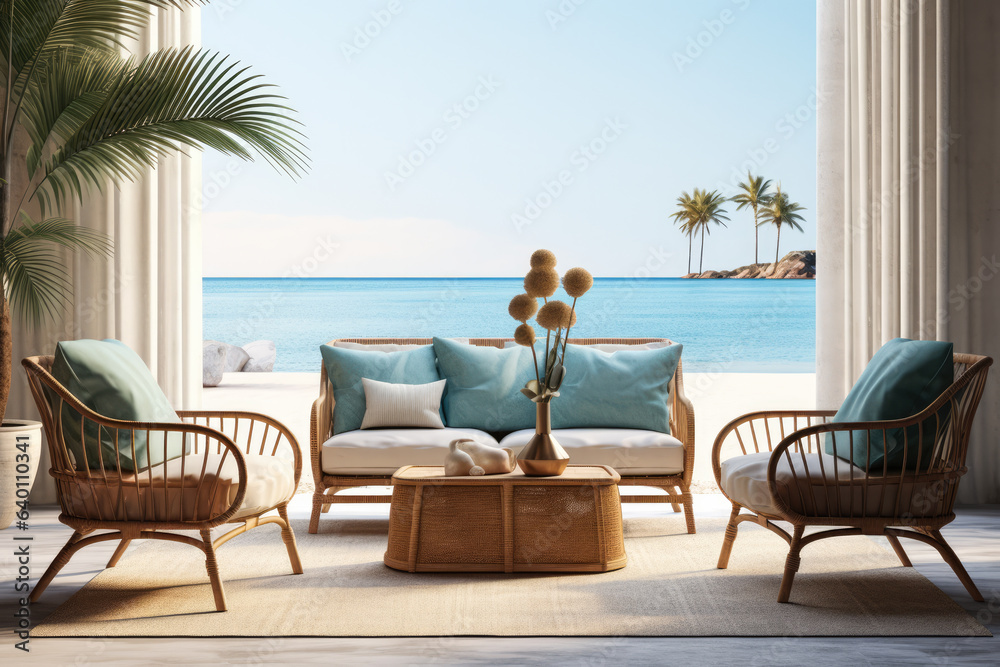 Wicker coffee table and chairs in a Caribbean composition. - obrazy, fototapety, plakaty 