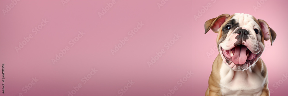 Portrait of a cute Bulldog puppy on a bright pink pastel studio backdrop, with horizontal copy space for banners