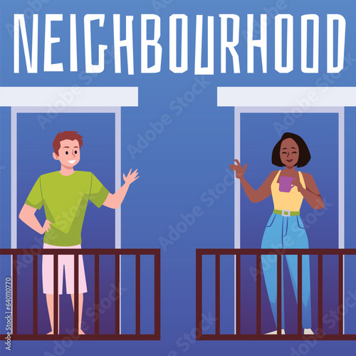 Happy neighbors greeting each other from balconies, flat vector illustration.