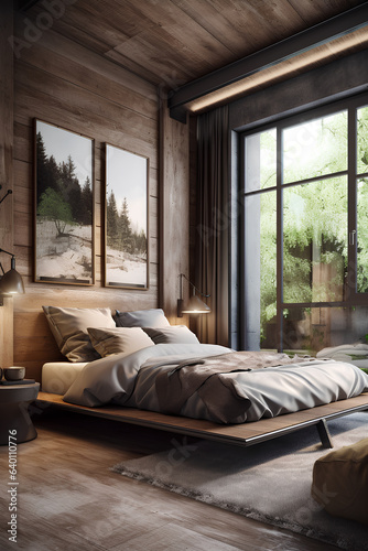 Eco style bedroom interior with bed in modern house.