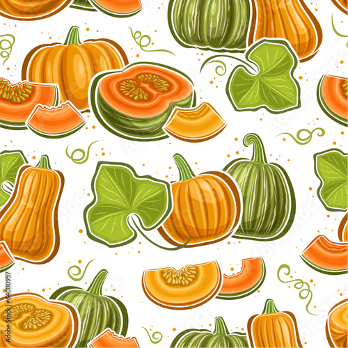 Fototapeta Naklejka Na Ścianę i Meble -  Vector Pumpkin Seamless Pattern, repeat background with illustrations of ripe pumpkin and kabocha still life compositions for wrapping paper, square poster with group of flying flat lay pumpkin parts