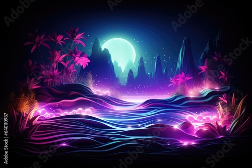 Neon wave with aquatic plants, presented in the style of outrun aesthetics, merges the vibrant colors of neon lights with the serenity of underwater flora, creating a visually striking