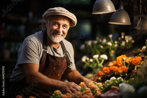 Portrait of a florist, smiling elderly man is in a flowers shop