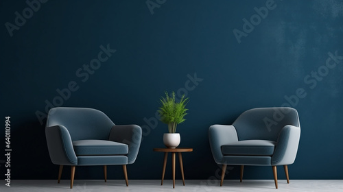 Dark room with accents. Blue navy armchairs. Trendy modern interior design mockup.