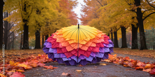 Multi color umbrella on the middle of walking road  of a park 