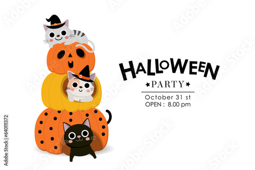 Happy halloween party invitation card with cute cat and sppoky pumpkin. Holidays cartoon character. -Vector
