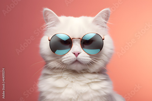 Cute funny white cat wearing sunglasses on soft color background. 
