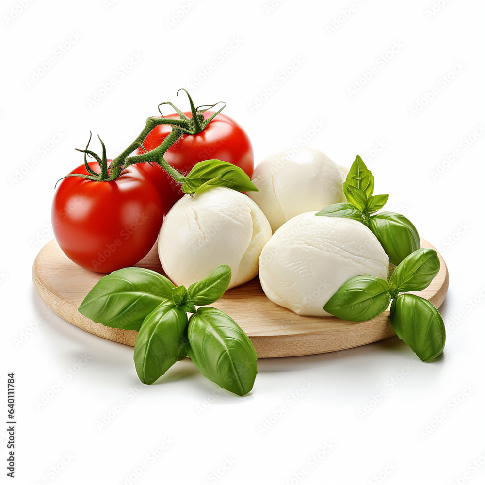 Mozzarella cheese balls, cherry tomatoes and green fresh organic basil isolated on white, ai technology Mozzarella cheese balls, cherry tomatoes and green fresh organic basil isolated on white, ai technology