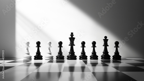 Black and white chess pieces on a chessboard