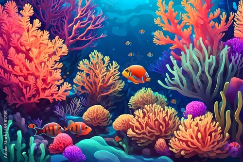 coral reef with fish deep in the water