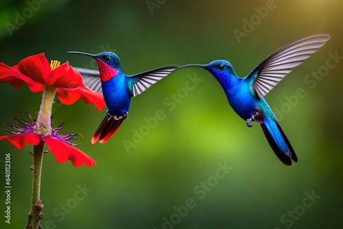 Blue hummingbird Violet Sabrewing flying next to beautiful red flower. Tinny bird fly in jungle