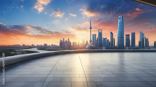 Empty floor and modern city skyline with building at sunset in Suzhou, China. high angle view. AI Generative