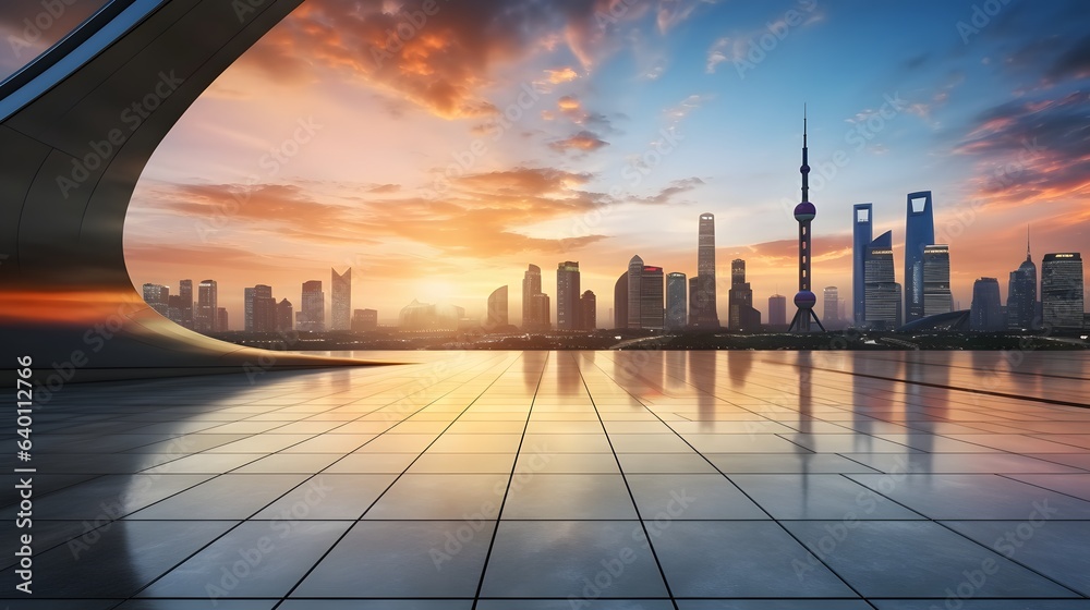 Empty floor and modern city skyline with building at sunset in Suzhou, China. high angle view. AI Generative