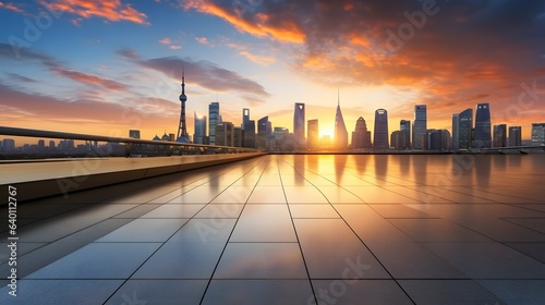 Empty floor and modern city skyline with building at sunset in Suzhou  China. high angle view. AI Generative