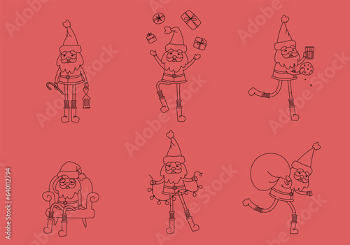 Cute Santa Claus in different poses. Christmas character in outline style.