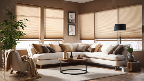 modern interior room design and decoration in beige and earth tone color wall and furniture fabric sofa blinds windows. 