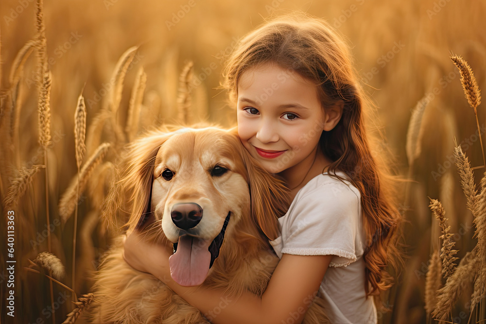 A Little girl hugging golden dog in the field in summer day together. Cute child with doggy pet portrait at nature in the morning. Cheerful. Generative Ai